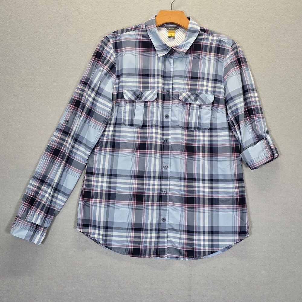 Eddie Bauer Active Women’s Blue Plaid Roll Tab Sleeve Button Down Size Medium